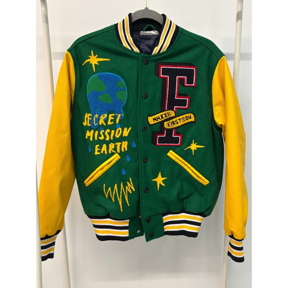 Swank A Posh First Row Out Of Thid World Varsity Jacket Green Yellow Space Small